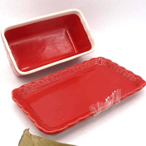 New Pioneer Woman Red Floral Embossed Stoneware Butter Dish With Lid Decor Funct - Picture 5 of 6